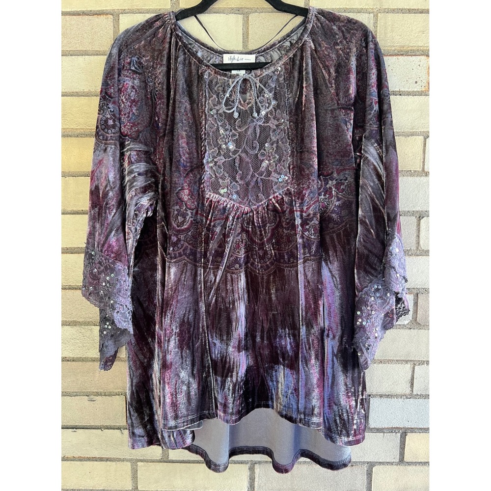 Style & Co Woman Purple Velvet Layered Lace Sequin Trim Top Plus Size 1X